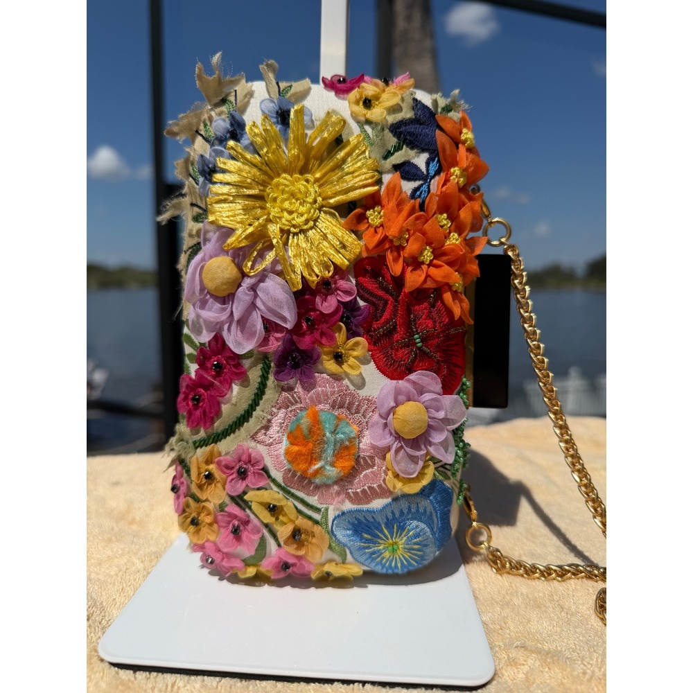 Alice + Olivia Shirley 3D Floral Clutch Bag Cream Multi Color Gold Chain Strap
